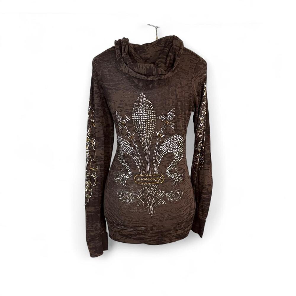 Y2K Sheer 2000s Brown rhinestone fleur de lis long sleeve top hood Mcbling large